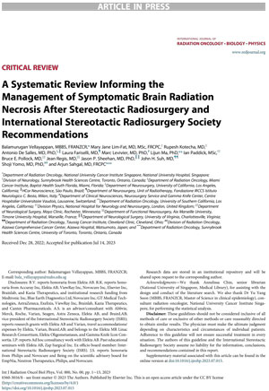 A SYSTEMATIC REVIEW INFORMING THE MANAGEMENT OF SYMPTOMATIC BRAIN RADIATION NECROSIS AFTER STEREOTACTIC RADIOSURGERY AND INTERNATIONAL STEREOTACTIC RADIOSURGERY SOCIETY RECOMMENDATIONS